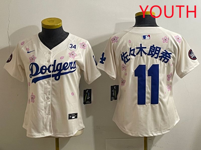 Youth Los Angeles Dodgers #11 R.Sasaki Cream Sakura Edition 2025 Nike MLB Jersey style 38
